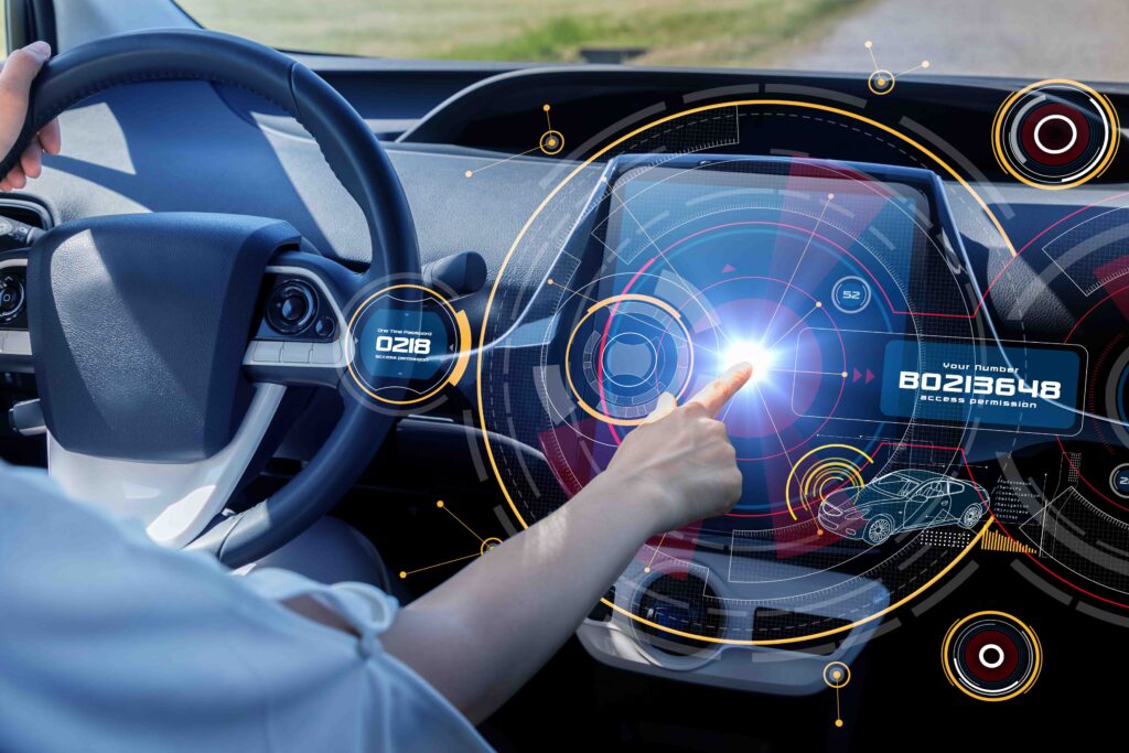 Futuristic Car Cockpit And Touch Screen. Autonomous Car. Driverless Vehicle. HUD(Head Up Display). GUI(Graphical User Interface). IoT(Internet Of Things).